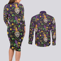 Mardi Gras Carnival Night Couples Matching Long Sleeve Bodycon Dress and Long Sleeve Button Shirt Jester Mask Fantasy