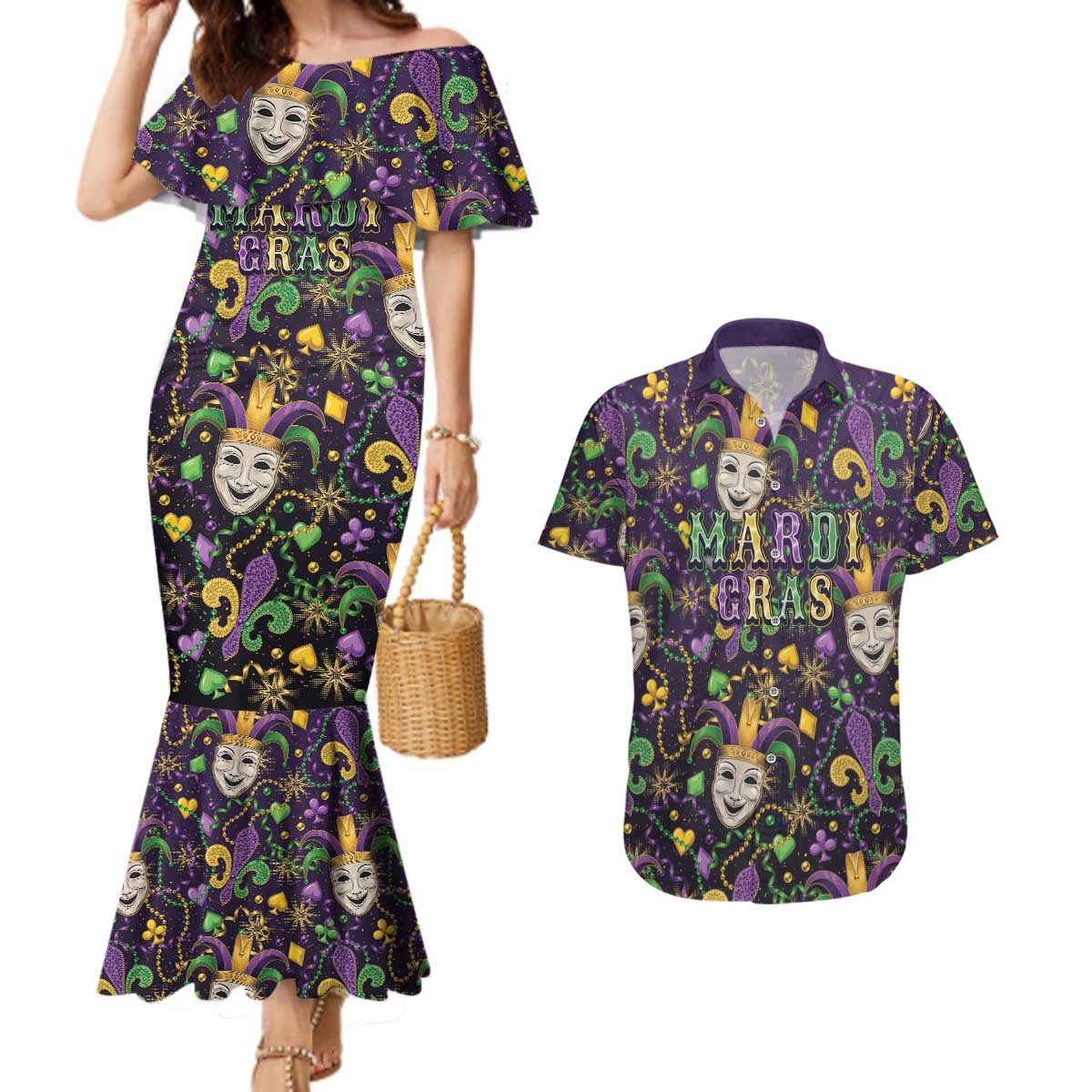 Mardi Gras Carnival Night Couples Matching Mermaid Dress and Hawaiian Shirt Jester Mask Fantasy