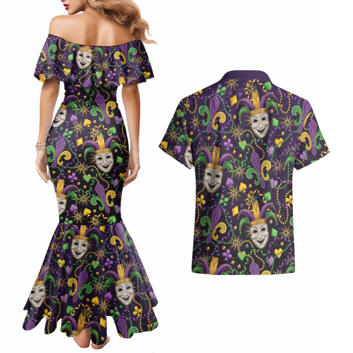 Mardi Gras Carnival Night Couples Matching Mermaid Dress and Hawaiian Shirt Jester Mask Fantasy