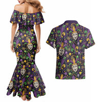 Mardi Gras Carnival Night Couples Matching Mermaid Dress and Hawaiian Shirt Jester Mask Fantasy