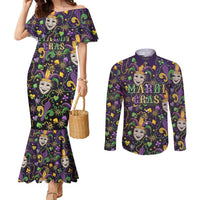 Mardi Gras Carnival Night Couples Matching Mermaid Dress and Long Sleeve Button Shirt Jester Mask Fantasy