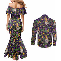Mardi Gras Carnival Night Couples Matching Mermaid Dress and Long Sleeve Button Shirt Jester Mask Fantasy