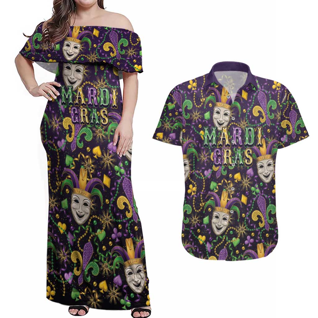 Mardi Gras Carnival Night Couples Matching Off Shoulder Maxi Dress and Hawaiian Shirt Jester Mask Fantasy