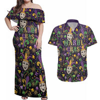 Mardi Gras Carnival Night Couples Matching Off Shoulder Maxi Dress and Hawaiian Shirt Jester Mask Fantasy