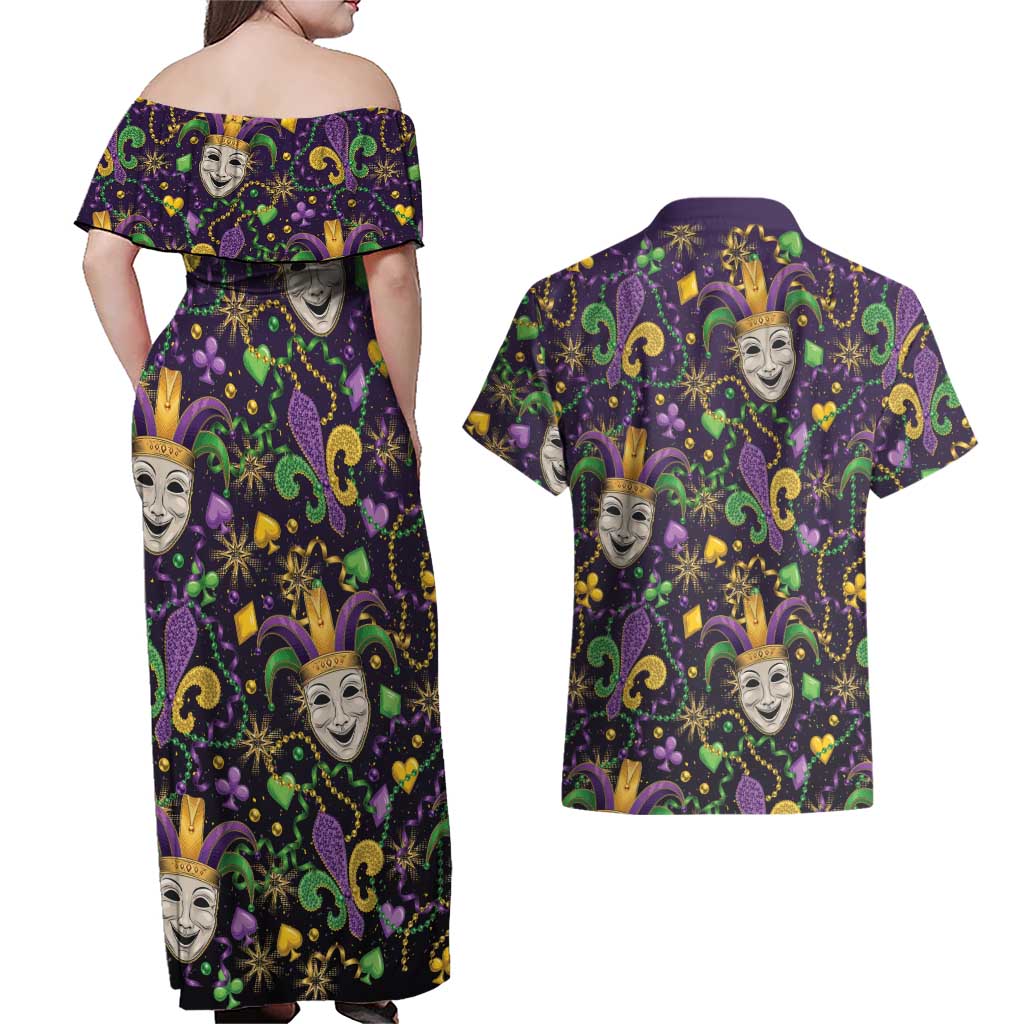 Mardi Gras Carnival Night Couples Matching Off Shoulder Maxi Dress and Hawaiian Shirt Jester Mask Fantasy