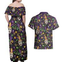 Mardi Gras Carnival Night Couples Matching Off Shoulder Maxi Dress and Hawaiian Shirt Jester Mask Fantasy