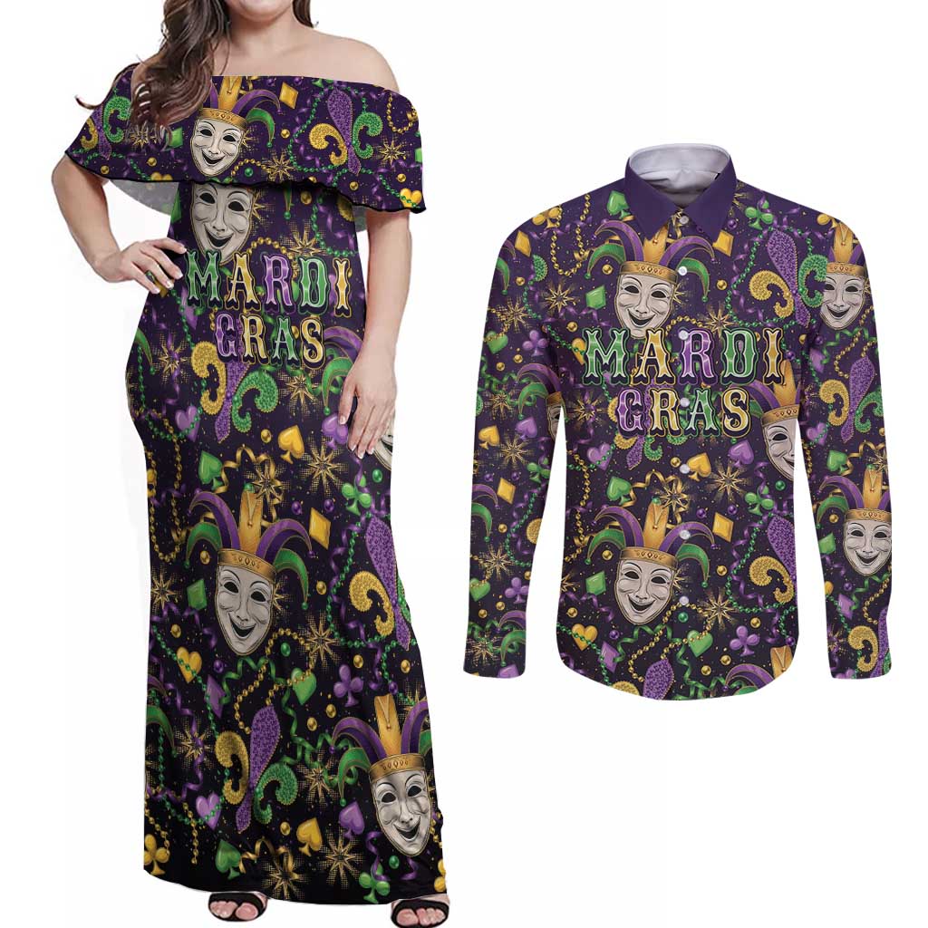 Mardi Gras Carnival Night Couples Matching Off Shoulder Maxi Dress and Long Sleeve Button Shirt Jester Mask Fantasy