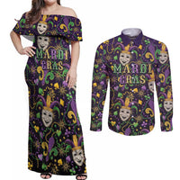 Mardi Gras Carnival Night Couples Matching Off Shoulder Maxi Dress and Long Sleeve Button Shirt Jester Mask Fantasy
