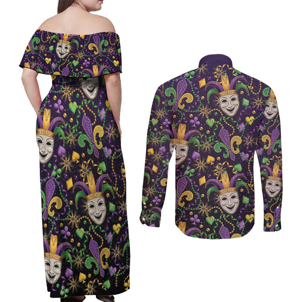 Mardi Gras Carnival Night Couples Matching Off Shoulder Maxi Dress and Long Sleeve Button Shirt Jester Mask Fantasy
