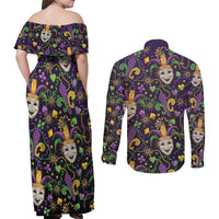 Mardi Gras Carnival Night Couples Matching Off Shoulder Maxi Dress and Long Sleeve Button Shirt Jester Mask Fantasy