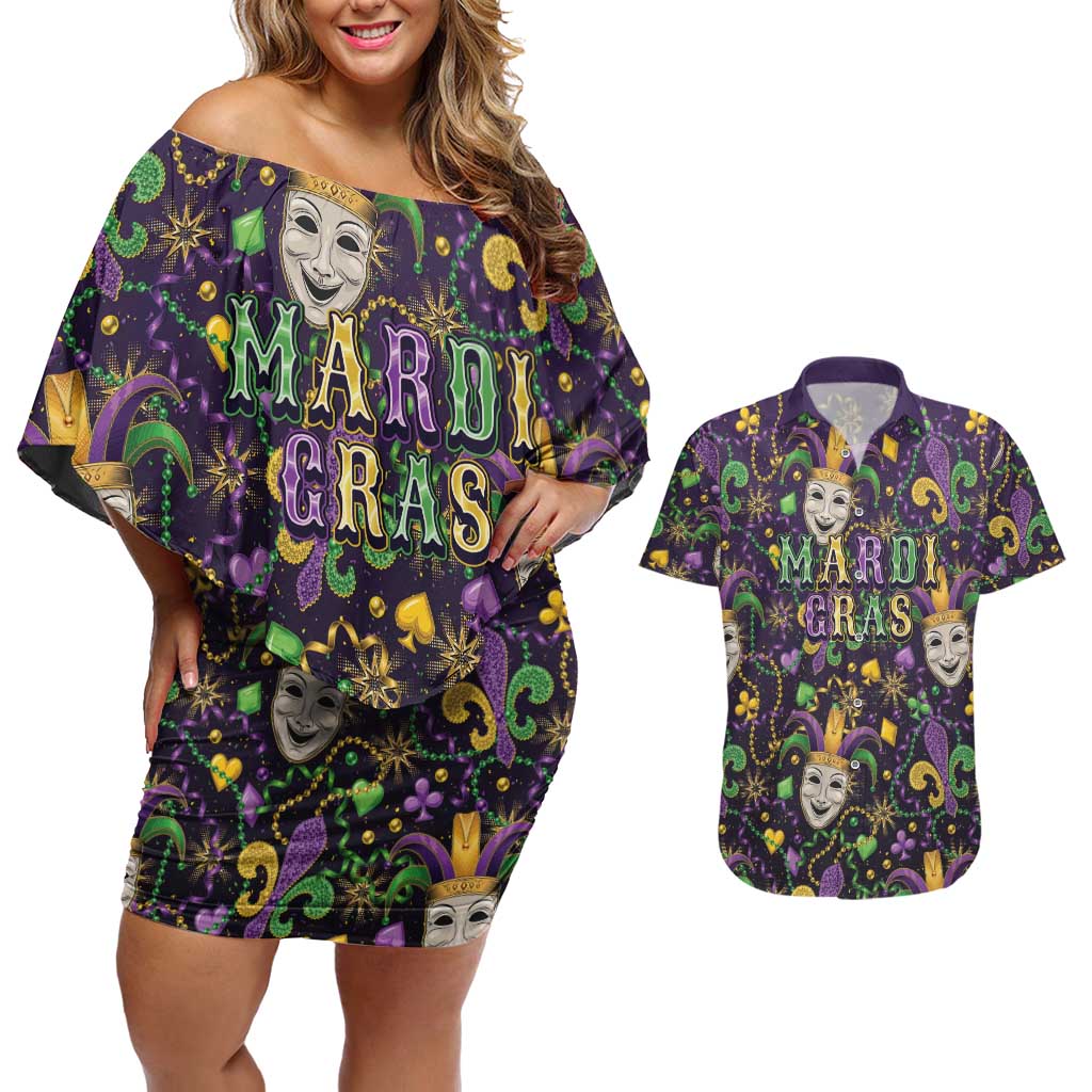 Mardi Gras Carnival Night Couples Matching Off Shoulder Short Dress and Hawaiian Shirt Jester Mask Fantasy