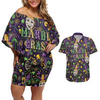 Mardi Gras Carnival Night Couples Matching Off Shoulder Short Dress and Hawaiian Shirt Jester Mask Fantasy