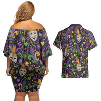 Mardi Gras Carnival Night Couples Matching Off Shoulder Short Dress and Hawaiian Shirt Jester Mask Fantasy