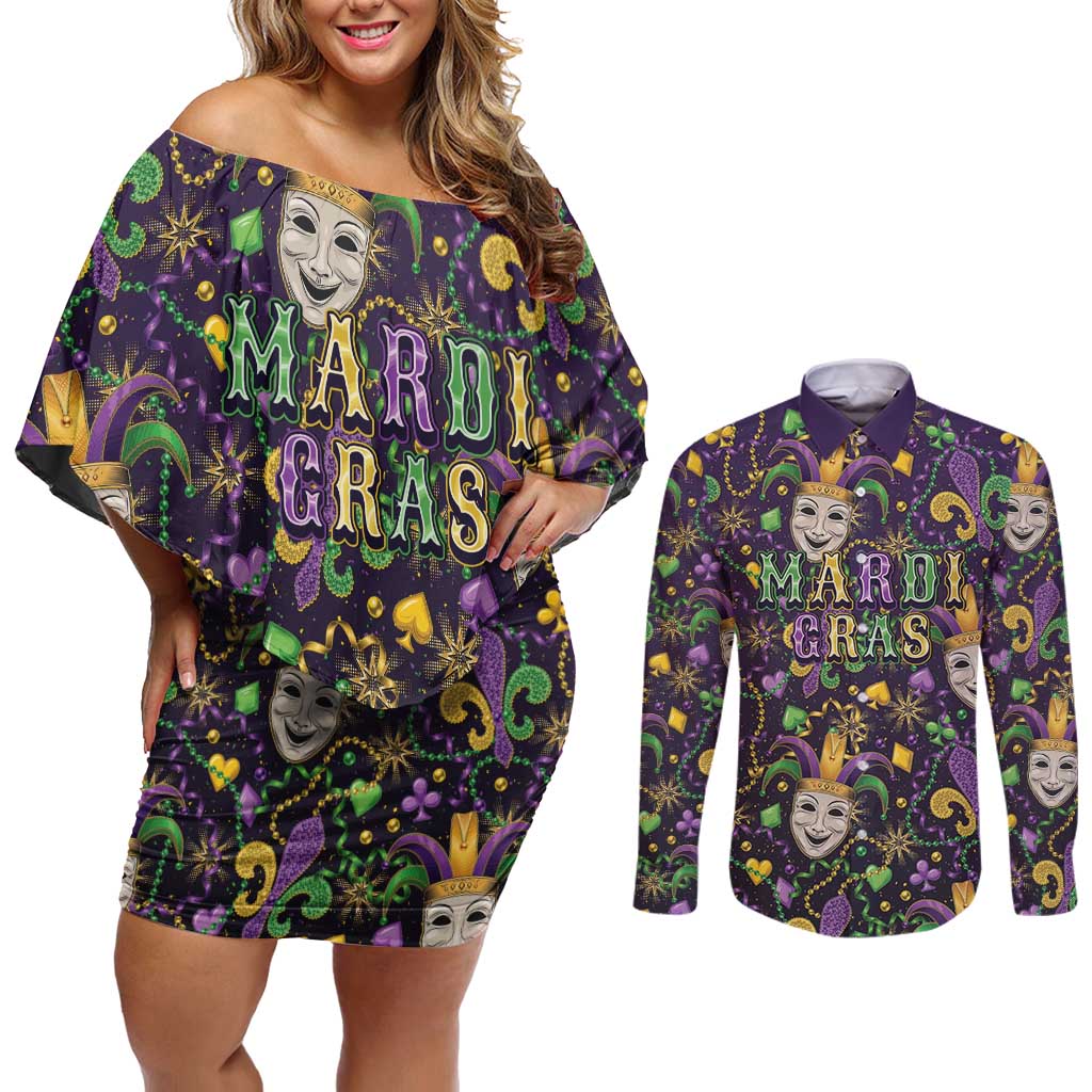 Mardi Gras Carnival Night Couples Matching Off Shoulder Short Dress and Long Sleeve Button Shirt Jester Mask Fantasy