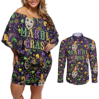Mardi Gras Carnival Night Couples Matching Off Shoulder Short Dress and Long Sleeve Button Shirt Jester Mask Fantasy