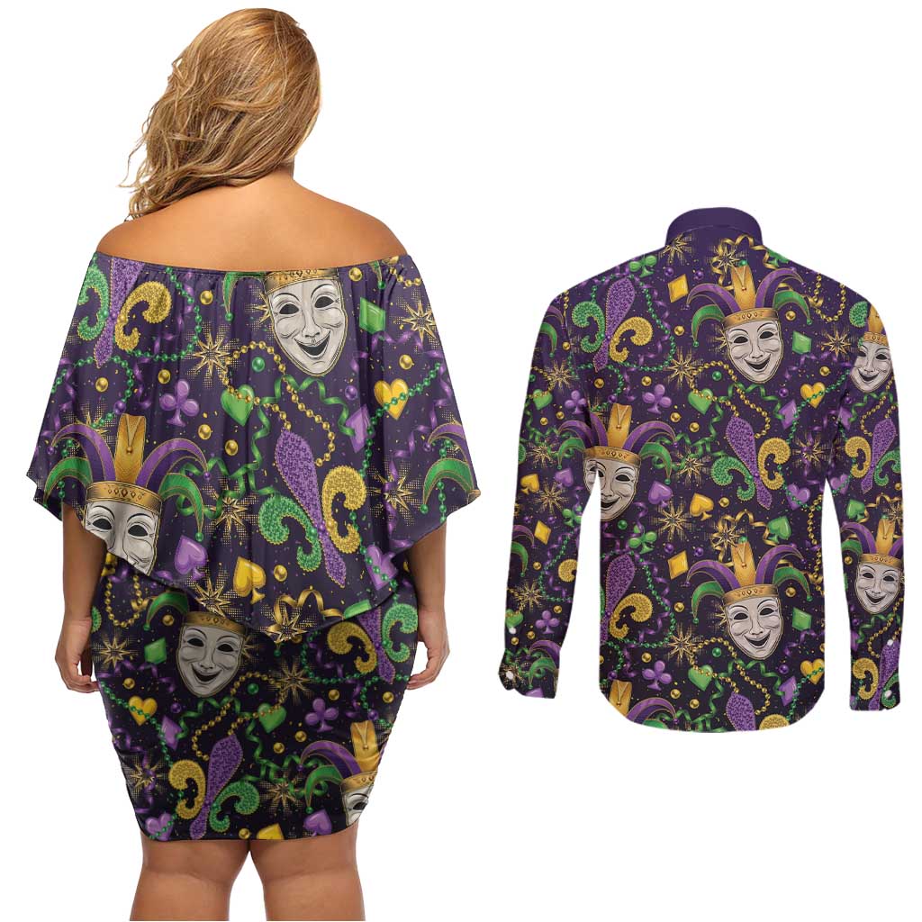 Mardi Gras Carnival Night Couples Matching Off Shoulder Short Dress and Long Sleeve Button Shirt Jester Mask Fantasy