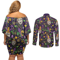 Mardi Gras Carnival Night Couples Matching Off Shoulder Short Dress and Long Sleeve Button Shirt Jester Mask Fantasy