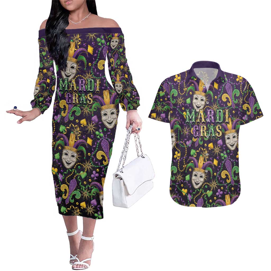 Mardi Gras Carnival Night Couples Matching Off The Shoulder Long Sleeve Dress and Hawaiian Shirt Jester Mask Fantasy