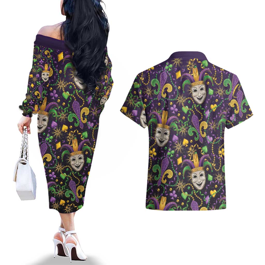 Mardi Gras Carnival Night Couples Matching Off The Shoulder Long Sleeve Dress and Hawaiian Shirt Jester Mask Fantasy