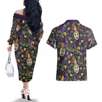 Mardi Gras Carnival Night Couples Matching Off The Shoulder Long Sleeve Dress and Hawaiian Shirt Jester Mask Fantasy