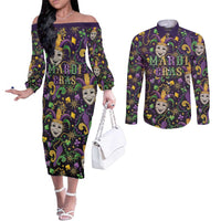 Mardi Gras Carnival Night Couples Matching Off The Shoulder Long Sleeve Dress and Long Sleeve Button Shirt Jester Mask Fantasy