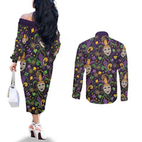 Mardi Gras Carnival Night Couples Matching Off The Shoulder Long Sleeve Dress and Long Sleeve Button Shirt Jester Mask Fantasy