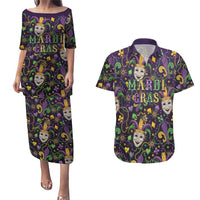 Mardi Gras Carnival Night Couples Matching Puletasi and Hawaiian Shirt Jester Mask Fantasy