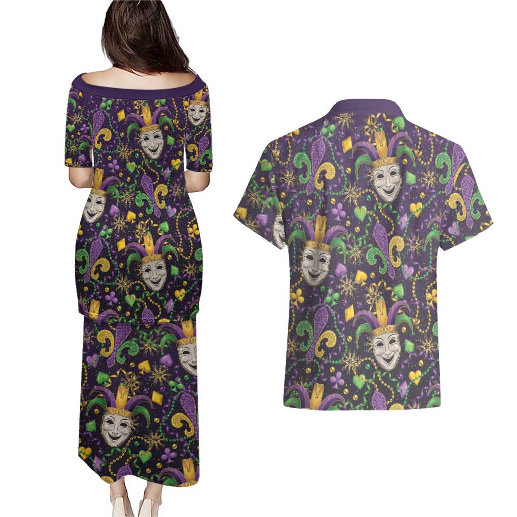 Mardi Gras Carnival Night Couples Matching Puletasi and Hawaiian Shirt Jester Mask Fantasy