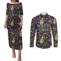 Mardi Gras Carnival Night Couples Matching Puletasi and Long Sleeve Button Shirt Jester Mask Fantasy