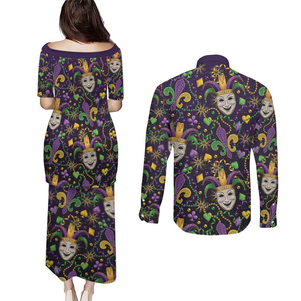 Mardi Gras Carnival Night Couples Matching Puletasi and Long Sleeve Button Shirt Jester Mask Fantasy