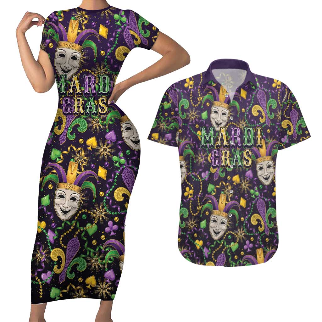 Mardi Gras Carnival Night Couples Matching Short Sleeve Bodycon Dress and Hawaiian Shirt Jester Mask Fantasy