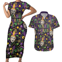Mardi Gras Carnival Night Couples Matching Short Sleeve Bodycon Dress and Hawaiian Shirt Jester Mask Fantasy