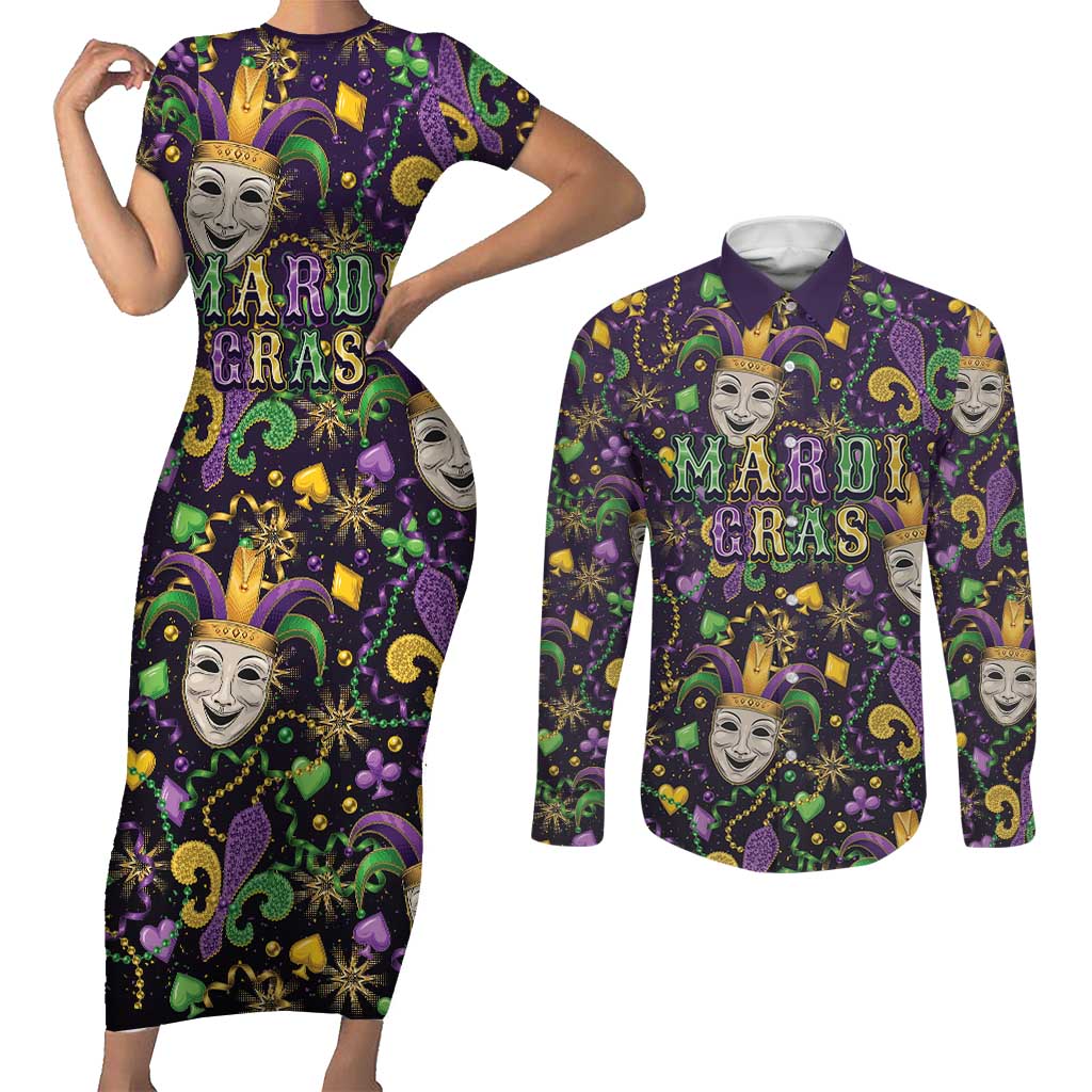 Mardi Gras Carnival Night Couples Matching Short Sleeve Bodycon Dress and Long Sleeve Button Shirt Jester Mask Fantasy