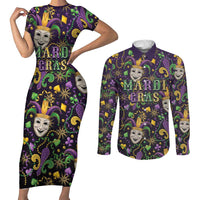 Mardi Gras Carnival Night Couples Matching Short Sleeve Bodycon Dress and Long Sleeve Button Shirt Jester Mask Fantasy