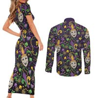 Mardi Gras Carnival Night Couples Matching Short Sleeve Bodycon Dress and Long Sleeve Button Shirt Jester Mask Fantasy