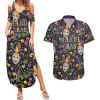 Mardi Gras Carnival Night Couples Matching Summer Maxi Dress and Hawaiian Shirt Jester Mask Fantasy
