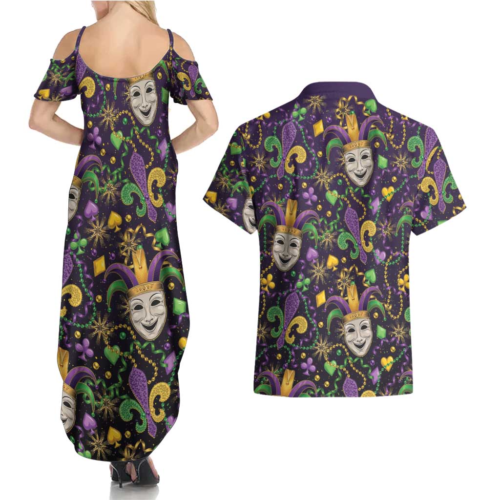 Mardi Gras Carnival Night Couples Matching Summer Maxi Dress and Hawaiian Shirt Jester Mask Fantasy