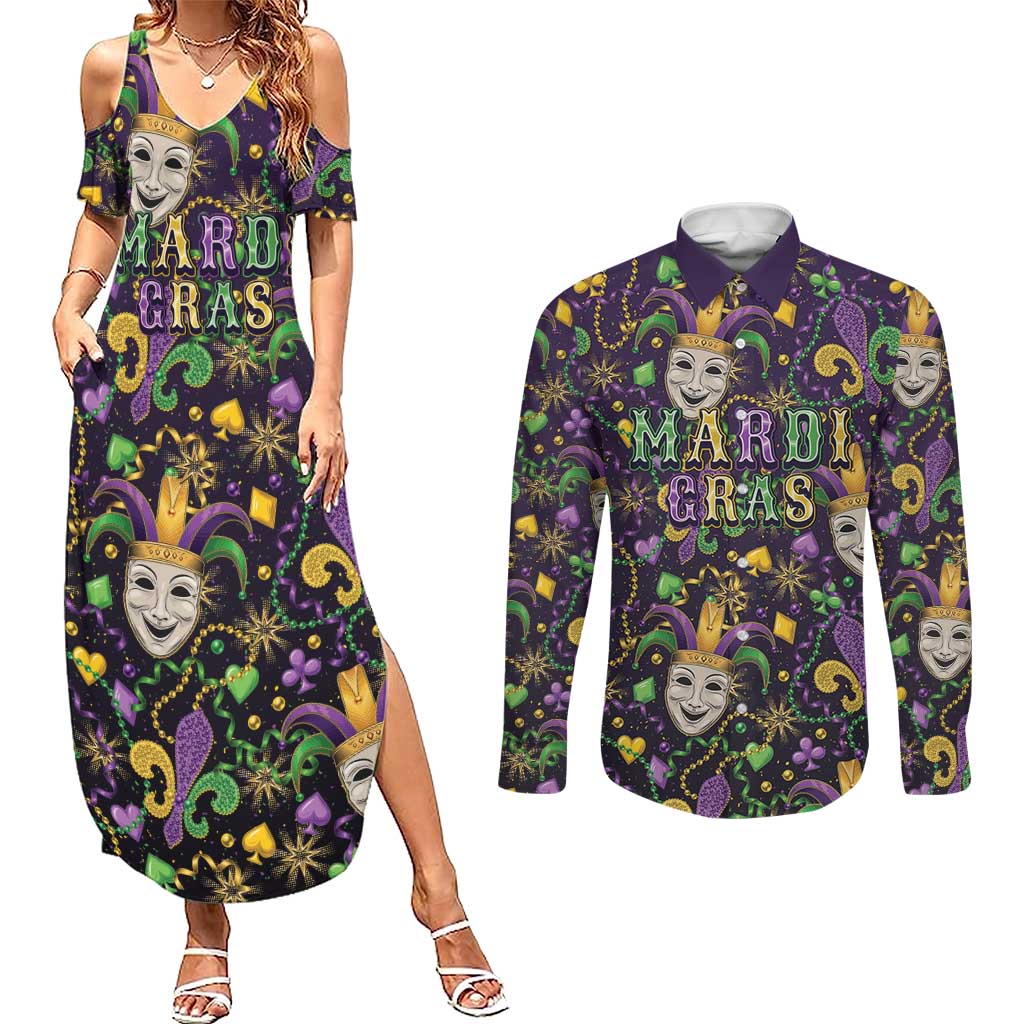 Mardi Gras Carnival Night Couples Matching Summer Maxi Dress and Long Sleeve Button Shirt Jester Mask Fantasy