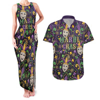 Mardi Gras Carnival Night Couples Matching Tank Maxi Dress and Hawaiian Shirt Jester Mask Fantasy