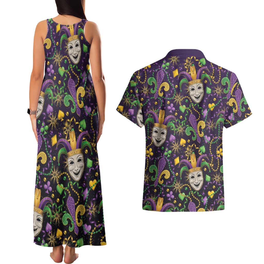 Mardi Gras Carnival Night Couples Matching Tank Maxi Dress and Hawaiian Shirt Jester Mask Fantasy