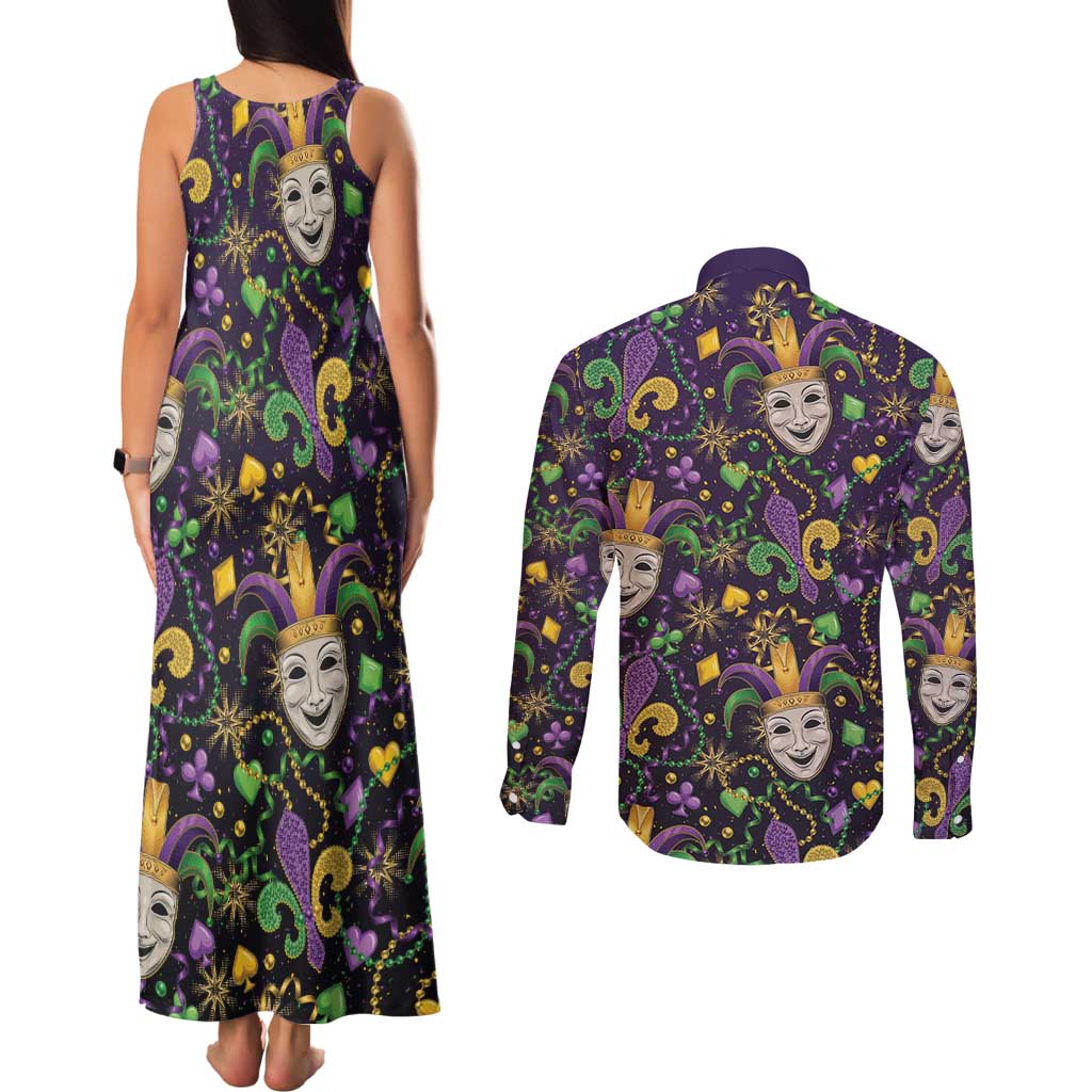 Mardi Gras Carnival Night Couples Matching Tank Maxi Dress and Long Sleeve Button Shirt Jester Mask Fantasy