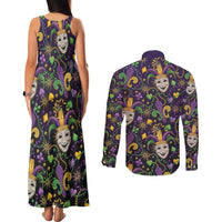 Mardi Gras Carnival Night Couples Matching Tank Maxi Dress and Long Sleeve Button Shirt Jester Mask Fantasy