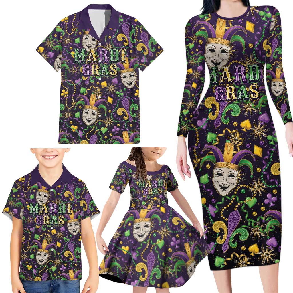 Mardi Gras Carnival Night Family Matching Long Sleeve Bodycon Dress and Hawaiian Shirt Jester Mask Fantasy