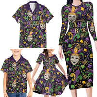 Mardi Gras Carnival Night Family Matching Long Sleeve Bodycon Dress and Hawaiian Shirt Jester Mask Fantasy