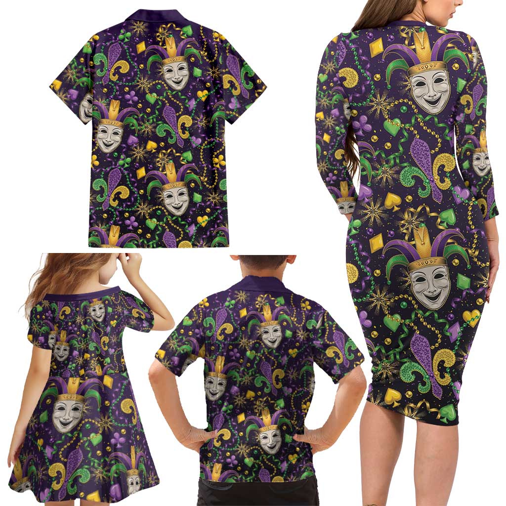 Mardi Gras Carnival Night Family Matching Long Sleeve Bodycon Dress and Hawaiian Shirt Jester Mask Fantasy