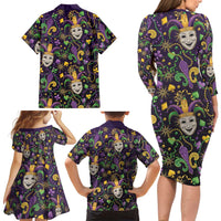 Mardi Gras Carnival Night Family Matching Long Sleeve Bodycon Dress and Hawaiian Shirt Jester Mask Fantasy