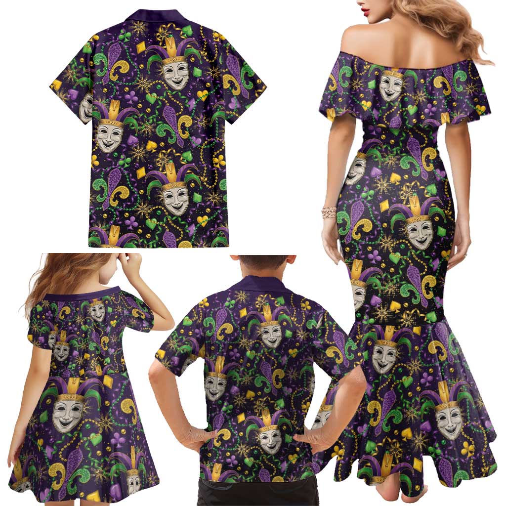 Mardi Gras Carnival Night Family Matching Mermaid Dress and Hawaiian Shirt Jester Mask Fantasy