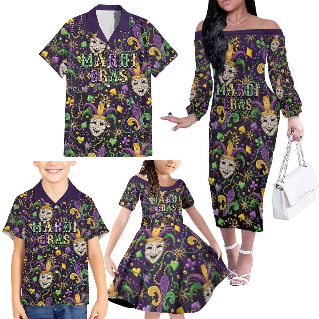 Mardi Gras Carnival Night Family Matching Off The Shoulder Long Sleeve Dress and Hawaiian Shirt Jester Mask Fantasy