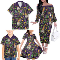 Mardi Gras Carnival Night Family Matching Off The Shoulder Long Sleeve Dress and Hawaiian Shirt Jester Mask Fantasy