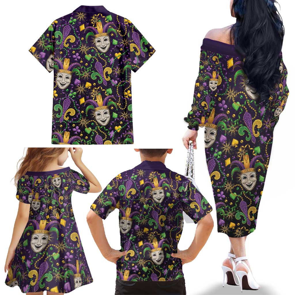 Mardi Gras Carnival Night Family Matching Off The Shoulder Long Sleeve Dress and Hawaiian Shirt Jester Mask Fantasy